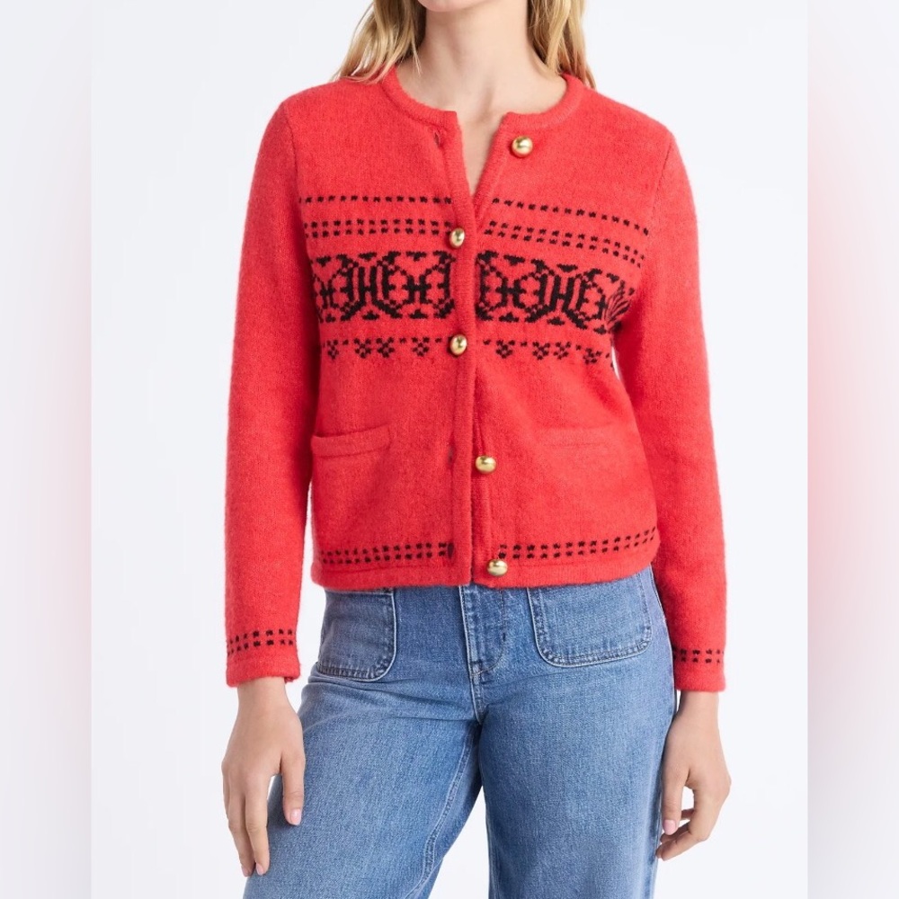 Free Assembly Women's Fair Isle Cardigan with Welt Pockets, Midweight